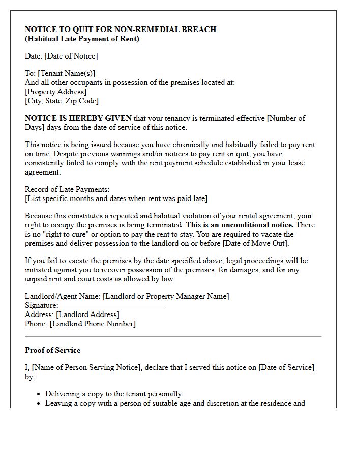 Unconditional Notice to Quit Letter for Chronic Habitual Late Rent Payments