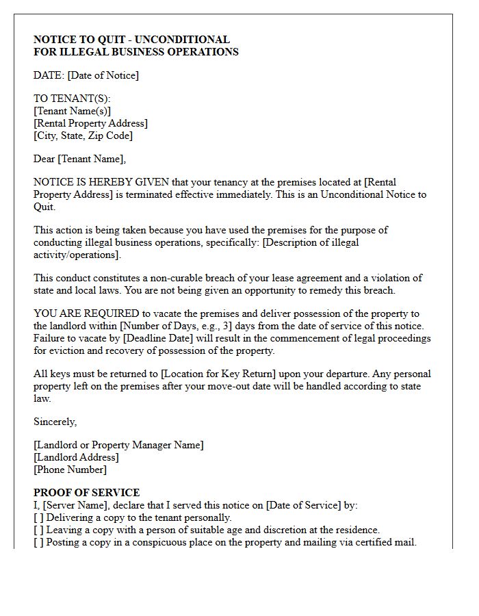 Unconditional Notice to Quit Letter for Conducting Illegal Business Operations