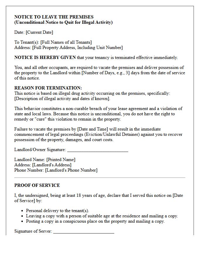 Unconditional Notice to Quit Letter for Illegal Drug Activity on Premises