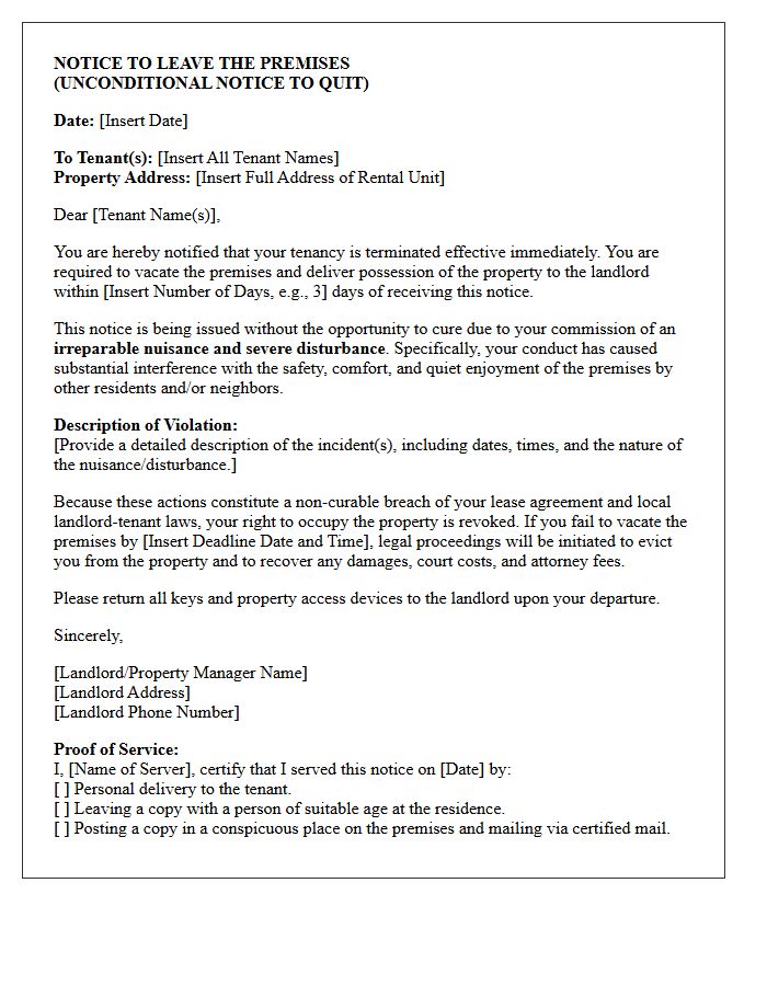 Unconditional Notice to Quit Letter for Irreparable Nuisance and Disturbance