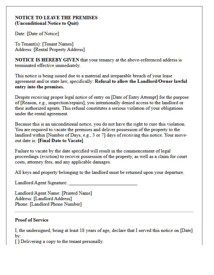 Unconditional Notice to Quit Letter for Refusal to Allow Landlord Entry
