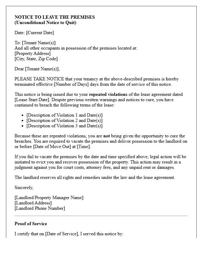 Unconditional Notice to Quit Letter for Repeated Lease Violations