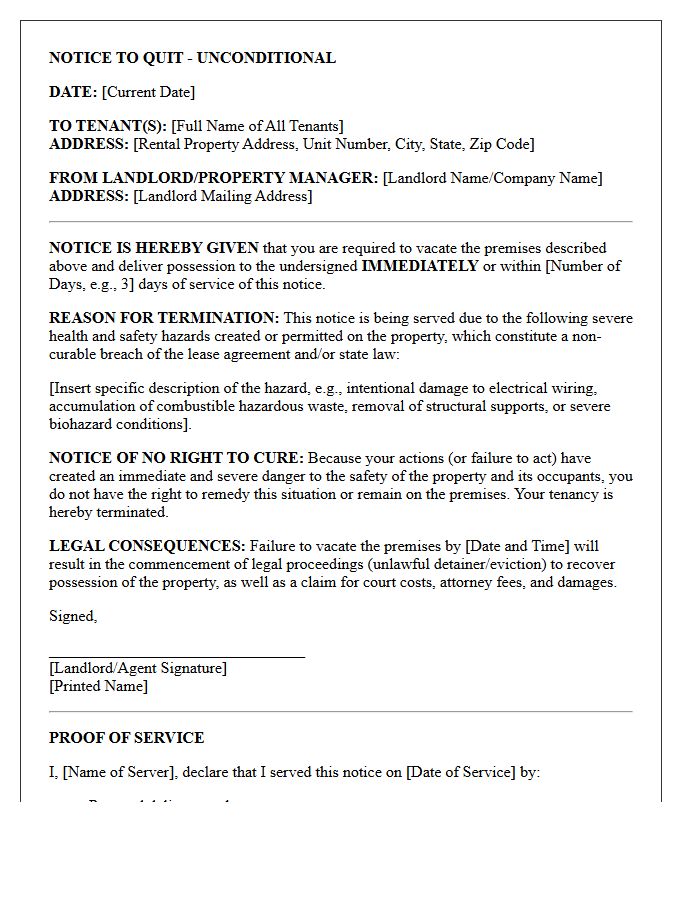 Unconditional Notice to Quit Letter for Severe Health and Safety Hazards