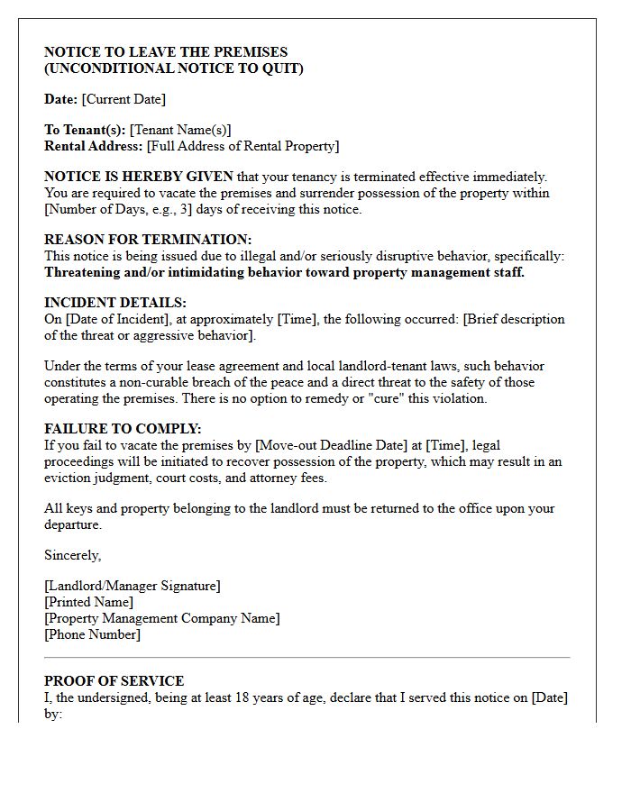 Unconditional Notice to Quit Letter for Threatening Property Management Staff