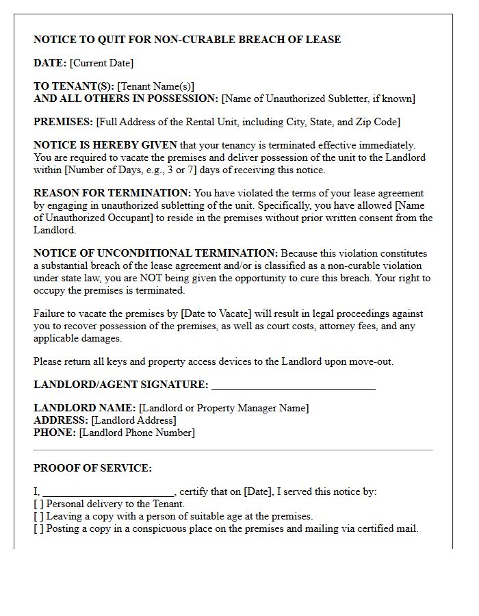 Unconditional Notice to Quit Letter for Unauthorized Subletting of Unit