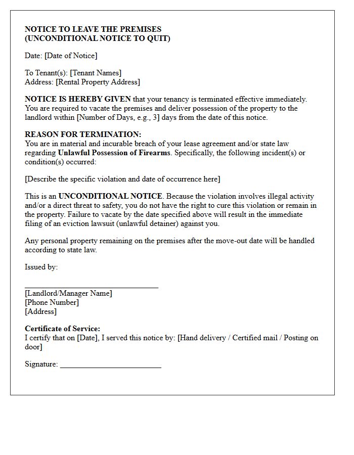Unconditional Notice to Quit Letter for Unlawful Possession of Firearms