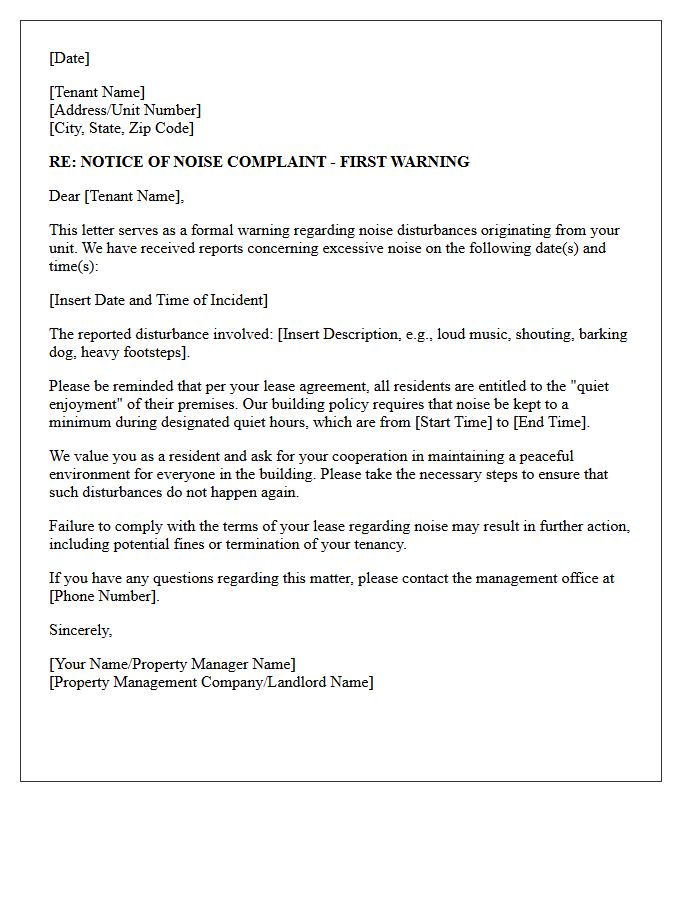 Noise Complaint Warning Letter