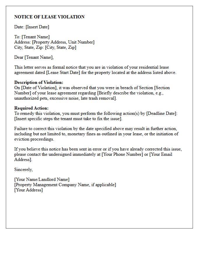 Notice of Lease Violation Letter