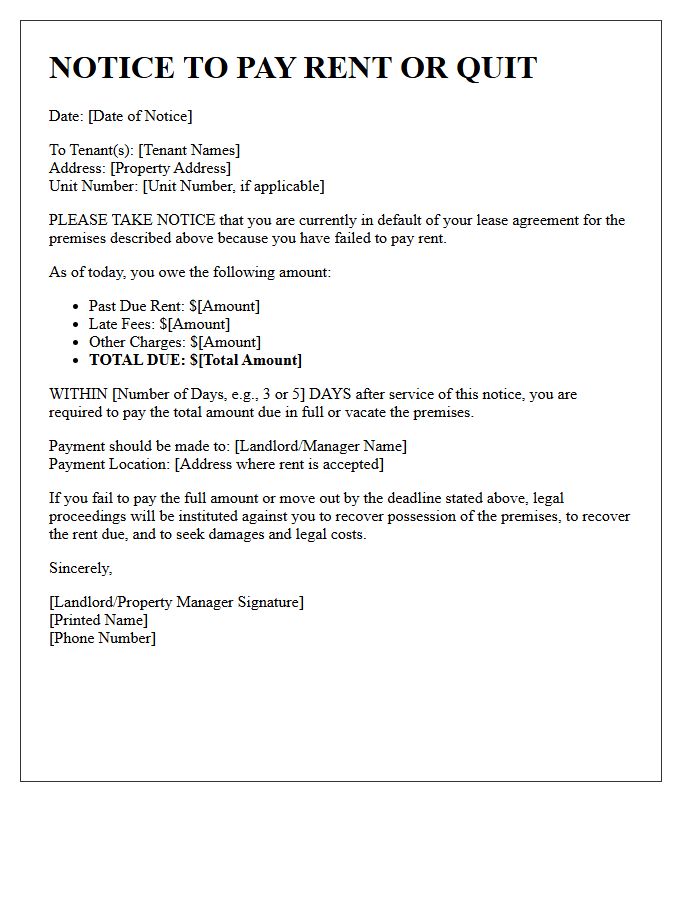 Notice to Pay Rent or Quit Letter