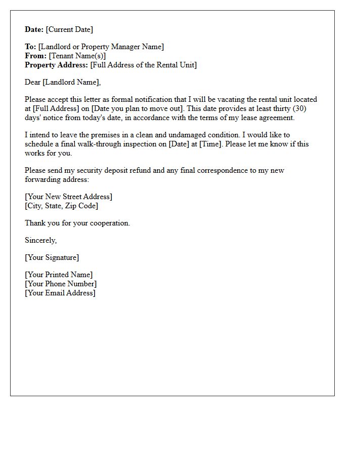Thirty-Day Notice to Vacate Letter