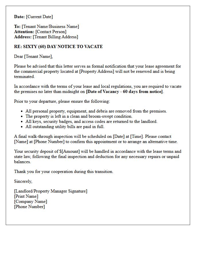 Sixty-Day Notice to Vacate Letter for Commercial Property Tenants