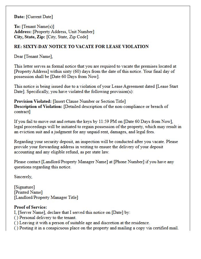Sixty-Day Notice to Vacate Letter for Lease Agreement Violation