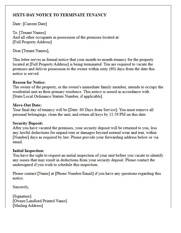Sixty-Day Notice to Vacate Letter for Owner Occupancy