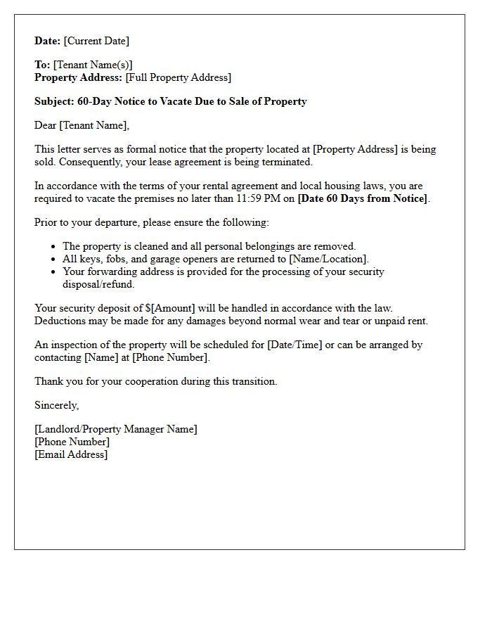 Sixty-Day Notice to Vacate Letter for Property Sale