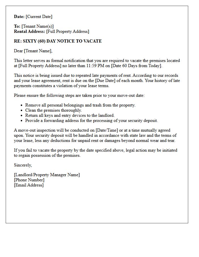 Sixty-Day Notice to Vacate Letter for Repeated Late Payments