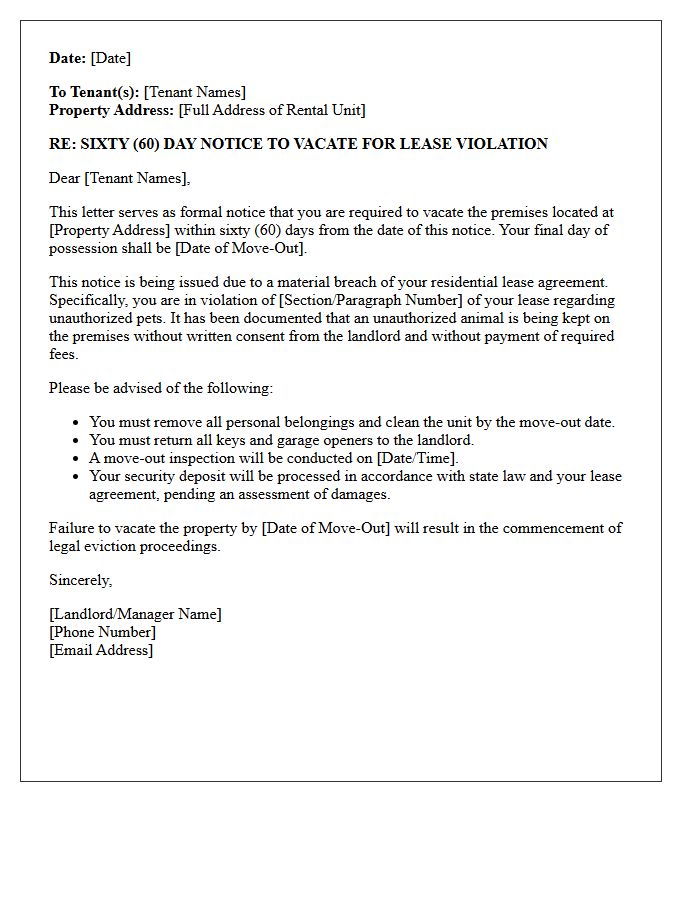 Sixty-Day Notice to Vacate Letter for Unauthorized Pets