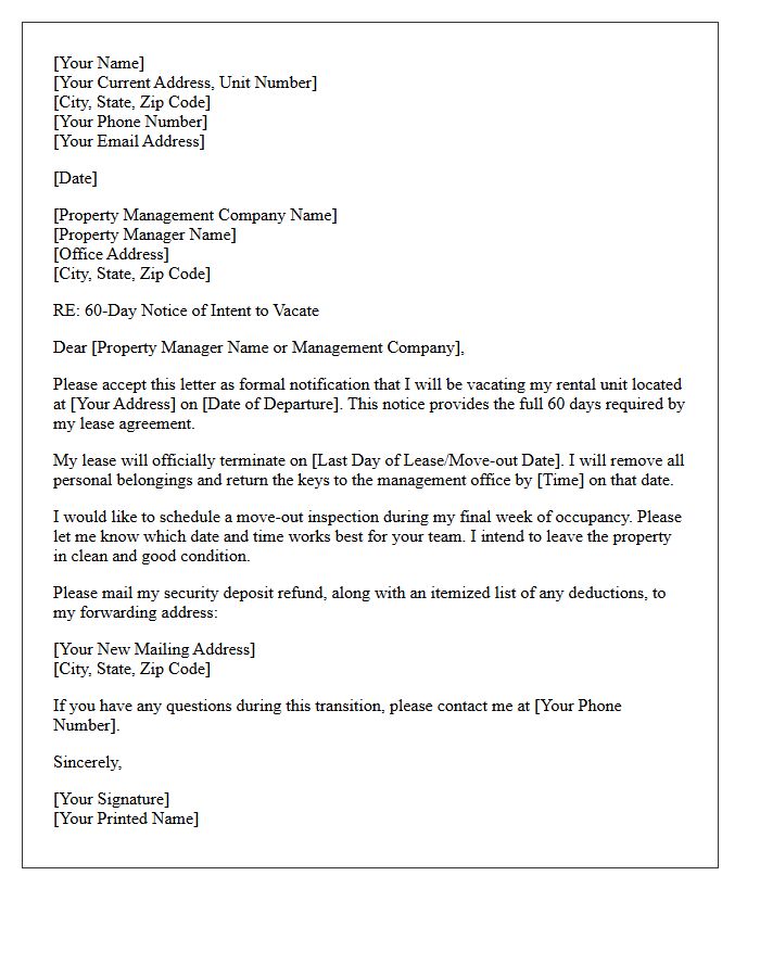 Sixty-Day Notice to Vacate Letter from Tenant to Property Management