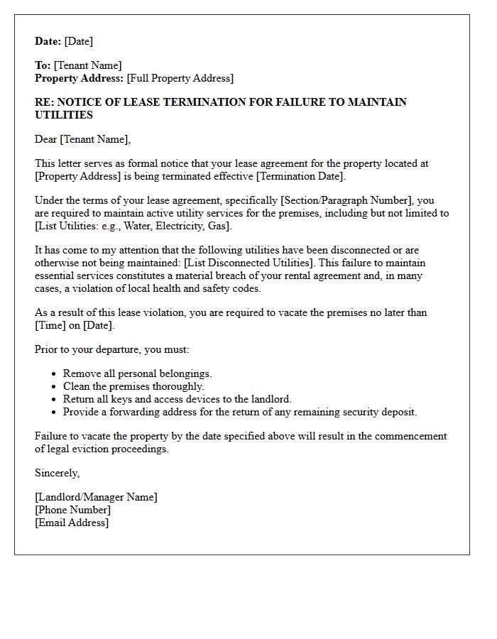 Notice of Lease Termination Letter for Failure to Maintain Utilities