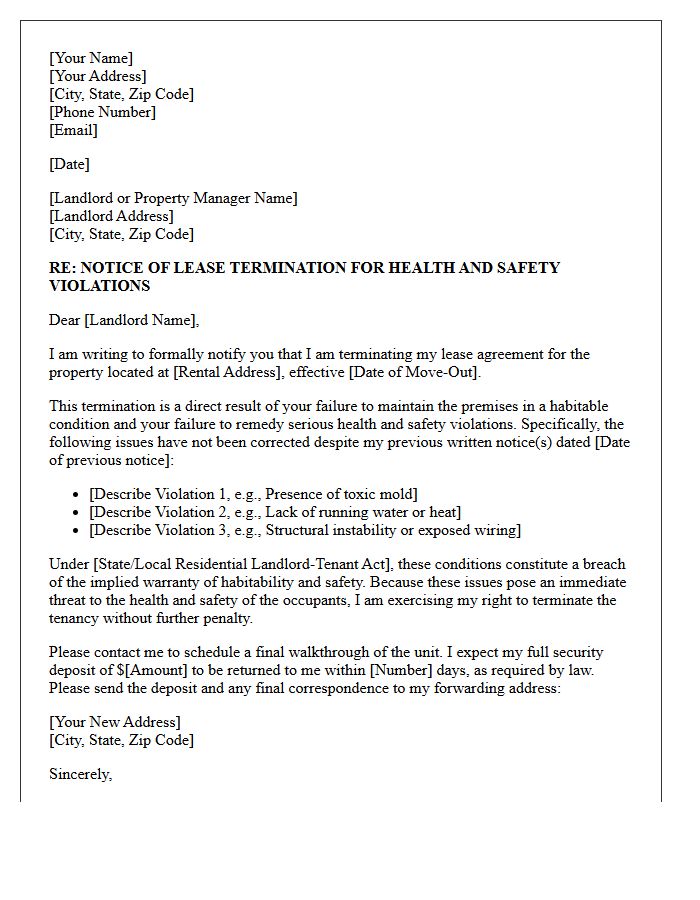 Notice of Lease Termination Letter for Health and Safety Violations