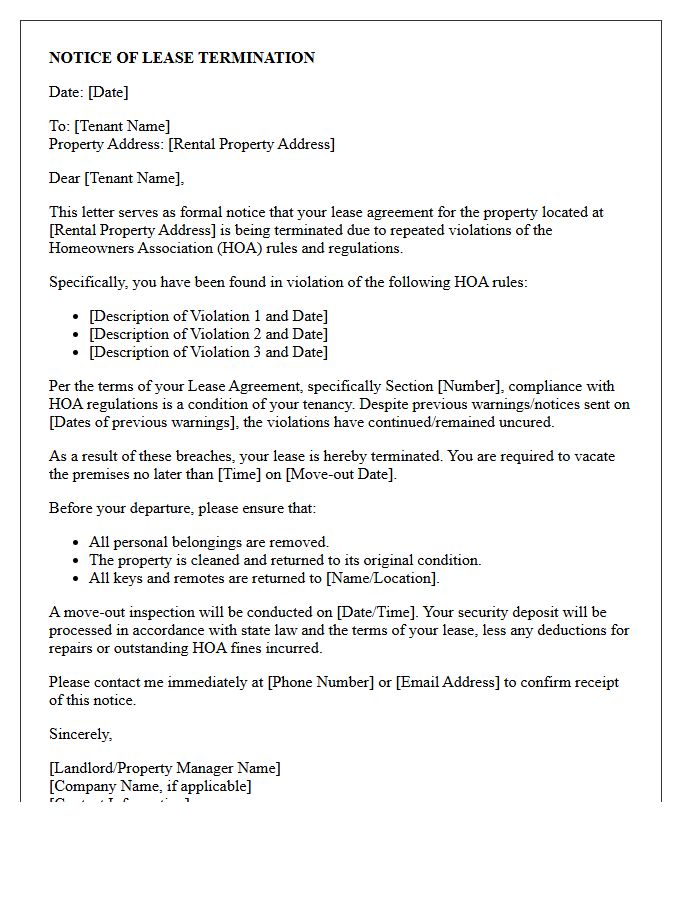 Notice of Lease Termination Letter for Homeowners Association Rule Violations