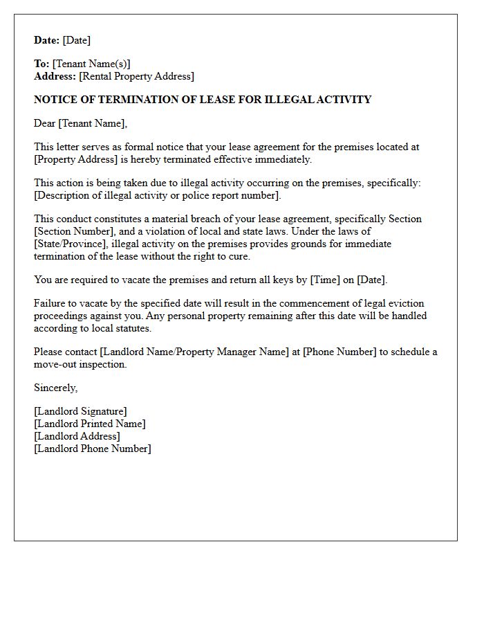 Notice of Lease Termination Letter for Illegal Activity on Premises