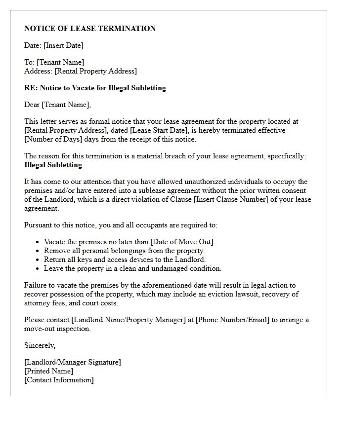 Notice of Lease Termination Letter for Illegal Subletting