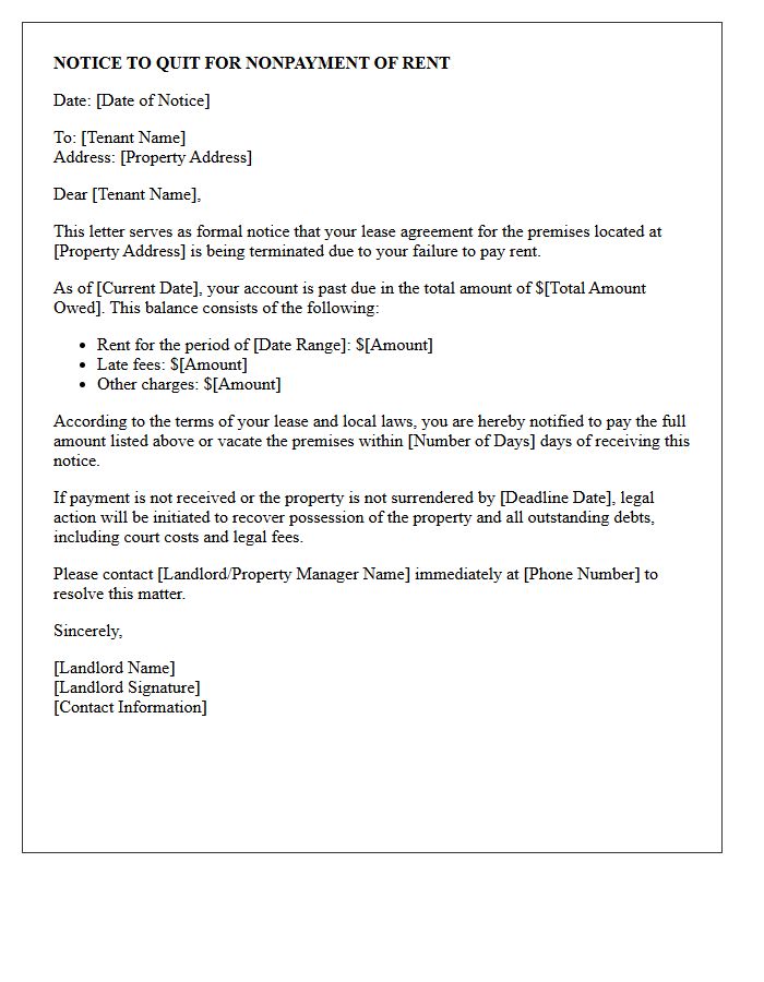 Notice of Lease Termination Letter for Nonpayment of Rent