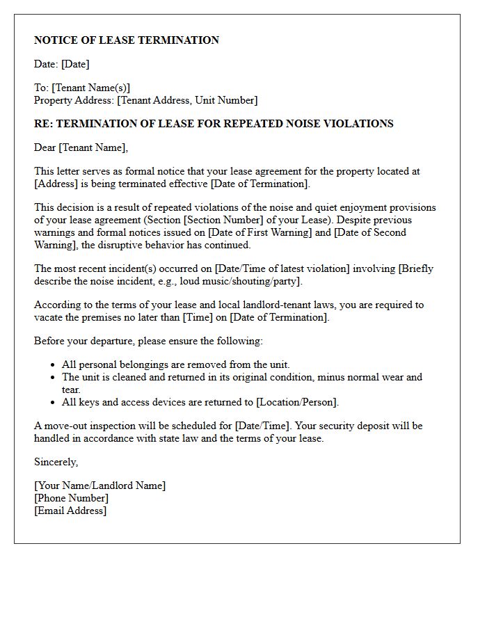 Notice of Lease Termination Letter for Repeated Noise Violations