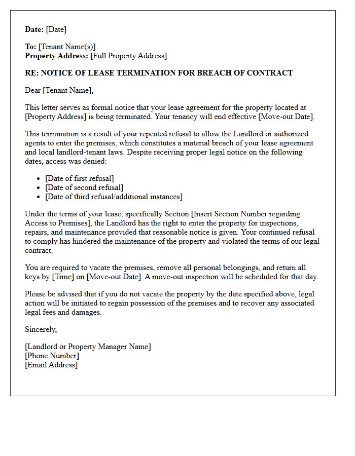 Notice of Lease Termination Letter for Repeated Refusal of Landlord Entry