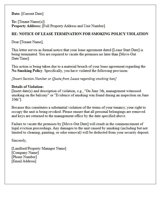 Notice of Lease Termination Letter for Smoking Policy Violation