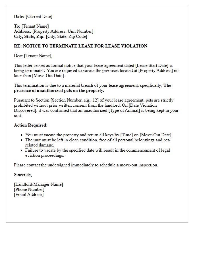 Notice of Lease Termination Letter for Unauthorized Pets