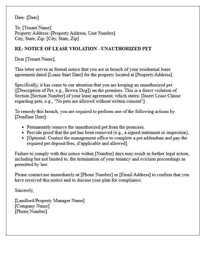 Breach of Lease Letter for Unauthorized Pet