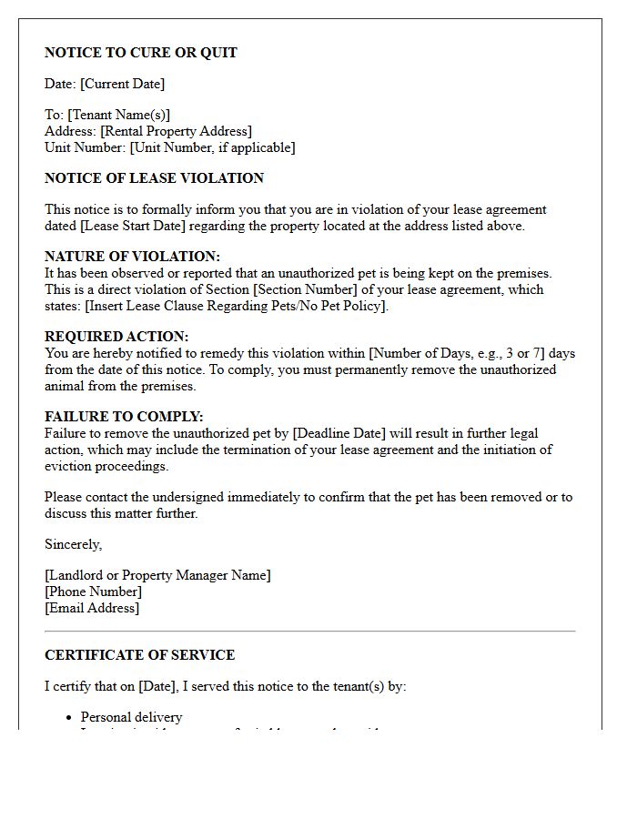 Cure or Quit Letter for Unauthorized Pet