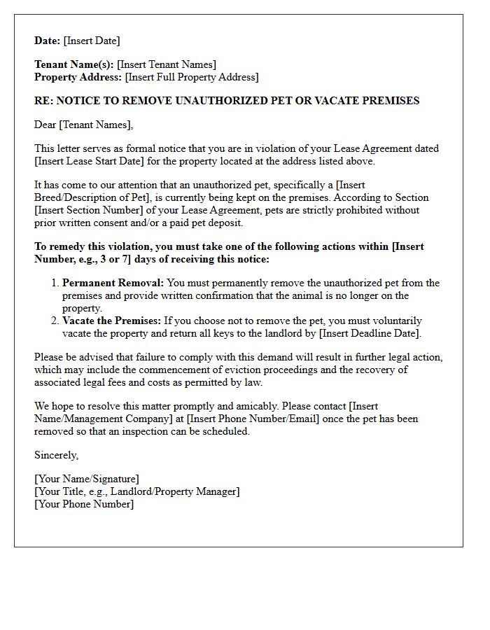 Demand Letter to Remove Unauthorized Pet or Vacate