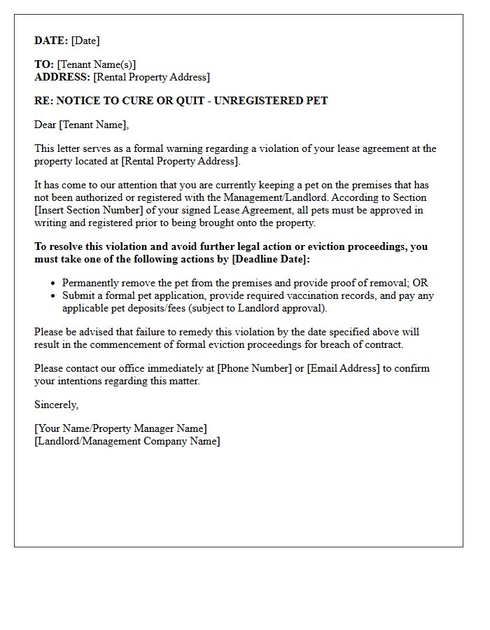 Eviction Warning Letter for Unregistered Pet