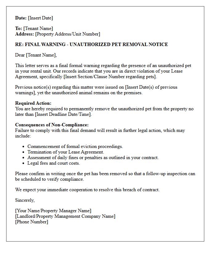 Final Warning Letter for Unauthorized Pet Removal