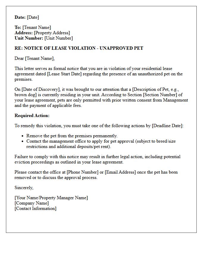 First Notice Letter to Remove Unapproved Pet