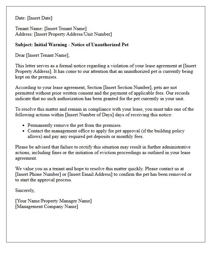 Initial Warning Letter for Unauthorized Pet