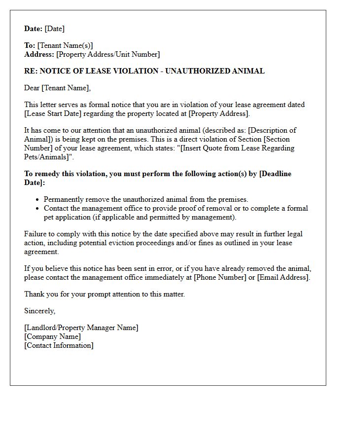 Lease Violation Letter for Unauthorized Animal