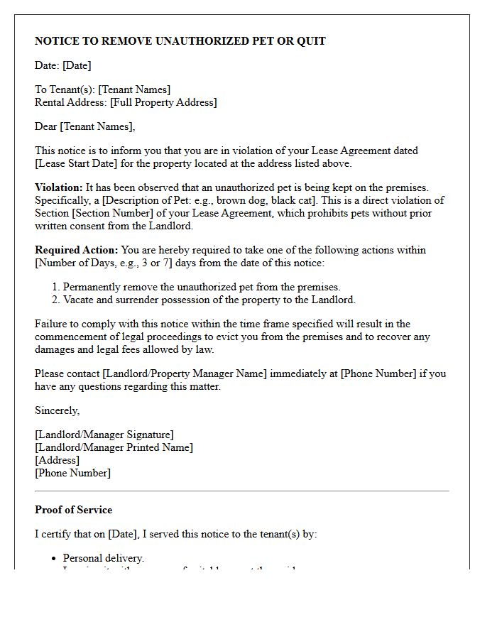 Notice to Remove Unauthorized Pet or Quit Letter