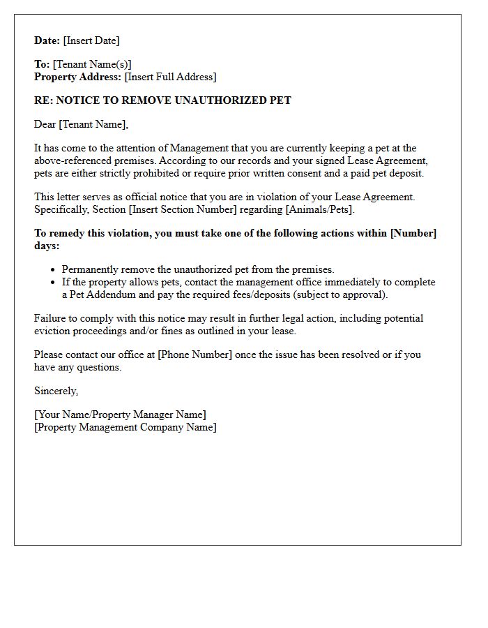 Official Property Management Letter for Unauthorized Pet