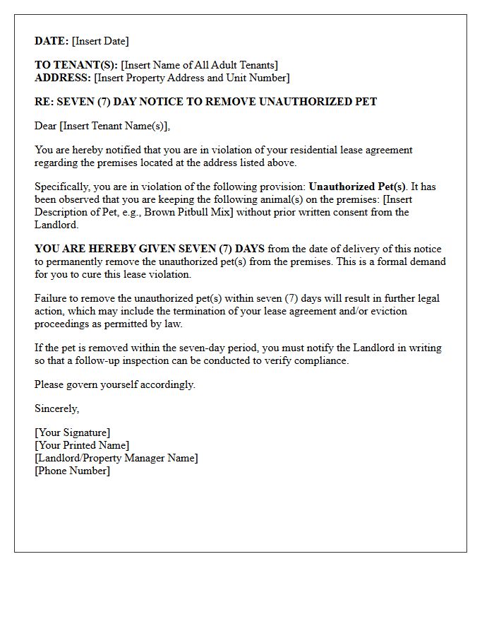 Seven Day Notice Letter for Unauthorized Pet Removal