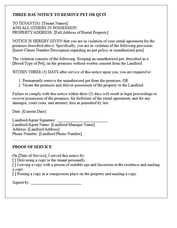 Three Day Notice to Remove Pet or Quit Letter