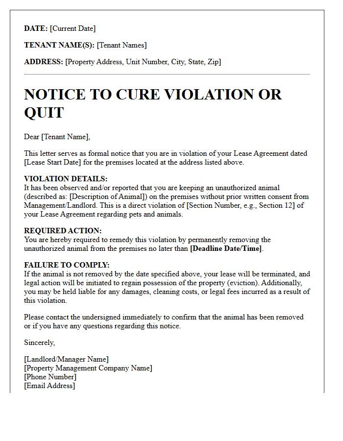 Unapproved Animal Violation Letter and Notice to Quit