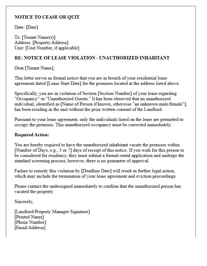 Breach of Lease Letter for Unauthorized Inhabitant