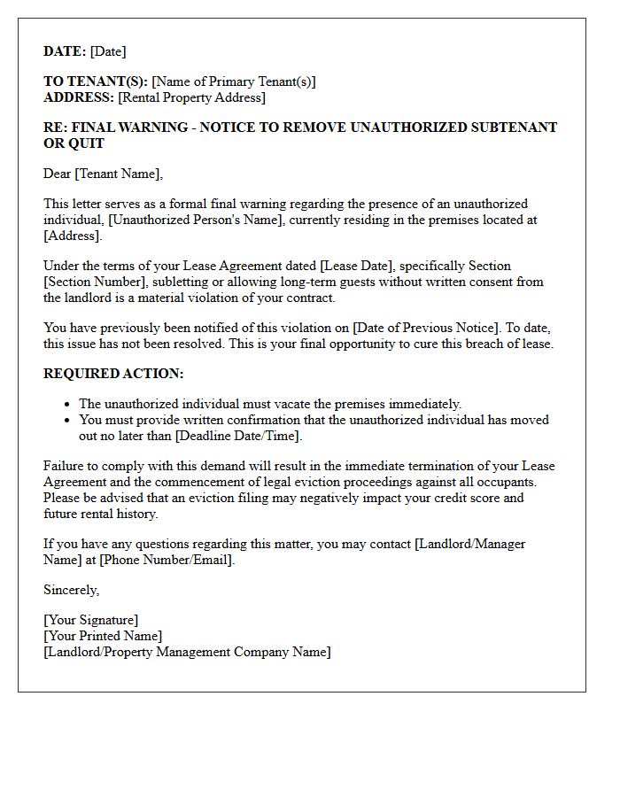 Final Warning Letter to Remove Unauthorized Subtenant or Quit