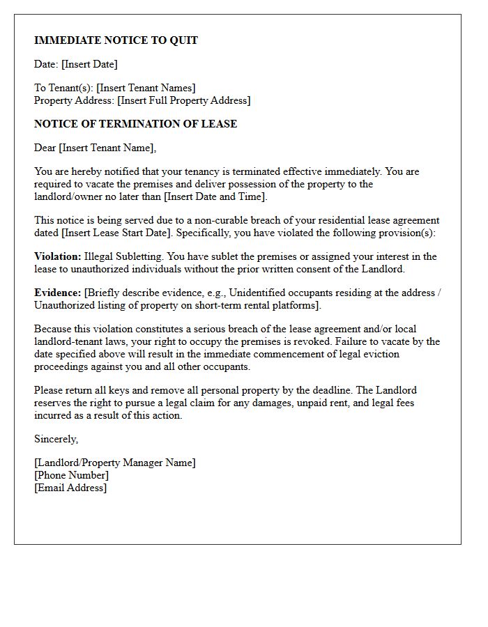Immediate Notice to Quit Letter for Illegal Subletting
