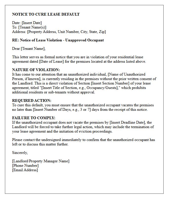 Notice to Cure Lease Default Letter for Unapproved Roommate