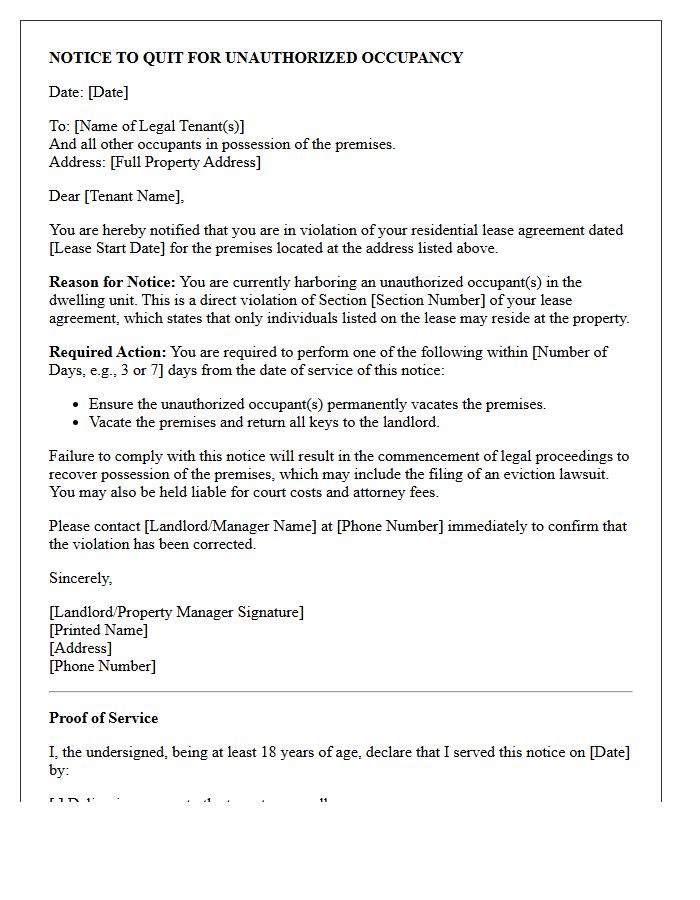 Notice to Quit Letter for Unauthorized Occupancy