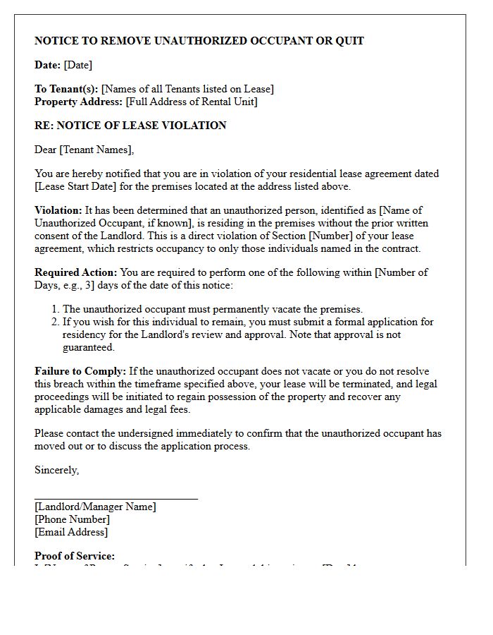 Notice to Remove Unauthorized Occupant or Quit Letter